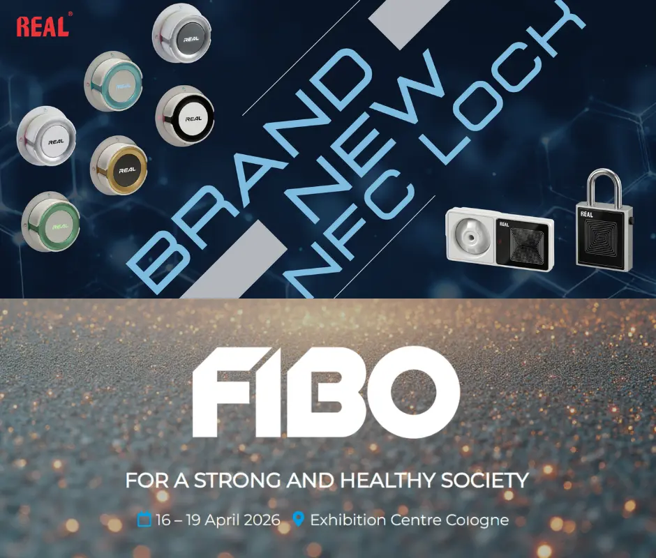 REAL 参加 FIBO 2026 的宣传海报，展示 NFC 储物柜锁与柜锁产品
